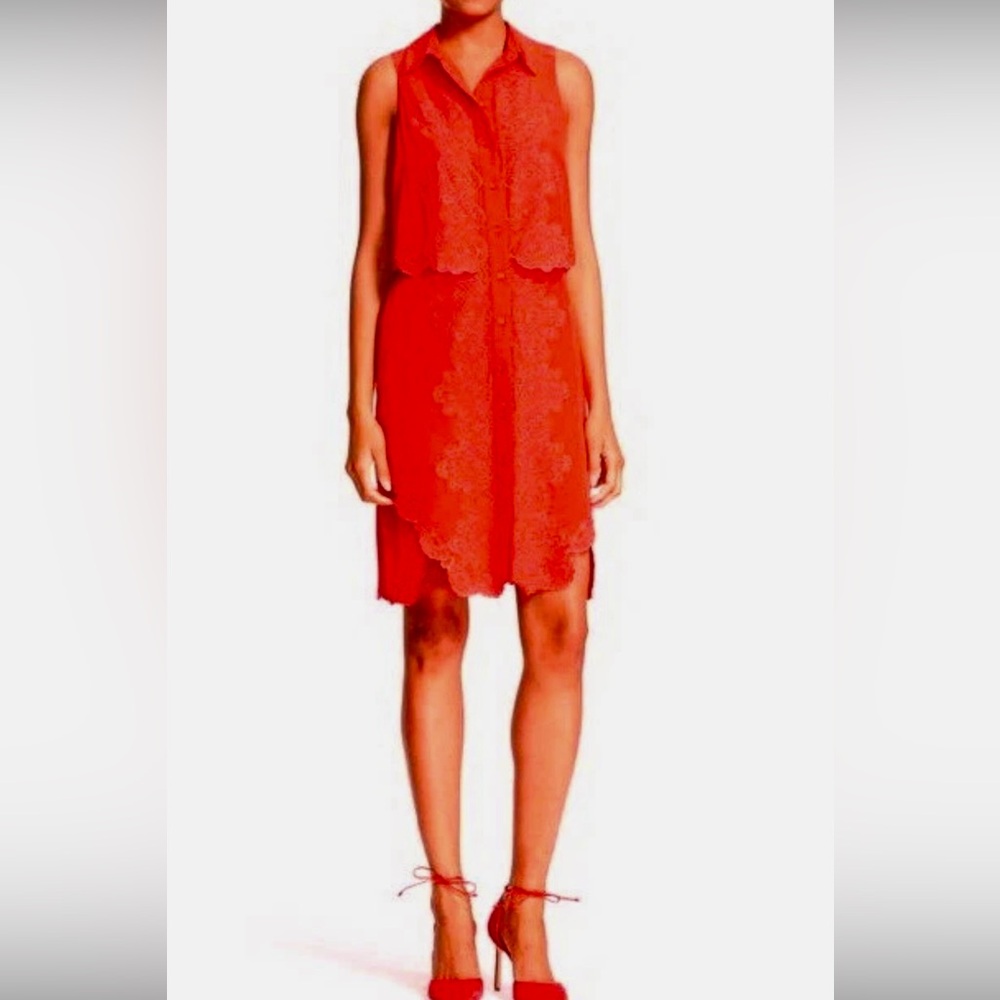 Parker Atomic Red Ora Embroidered Silk Shirt Dress Size XS Orig $398